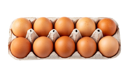 Ten brown eggs in a carton package isolated in white background. File contains clipping path.