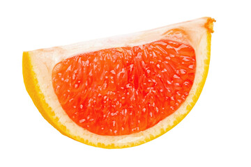 Ripe slice of pink grapefruit citrus fruit isolated on white background. File contains clipping path.
