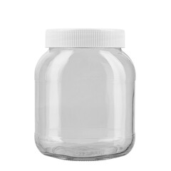 Empty glass jar with white plastic lid isolated on white background. File contains clipping path.