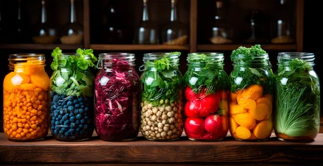 Fotobehang Pickles in different jars of various vegetables - AI generated image © BEMPhoto