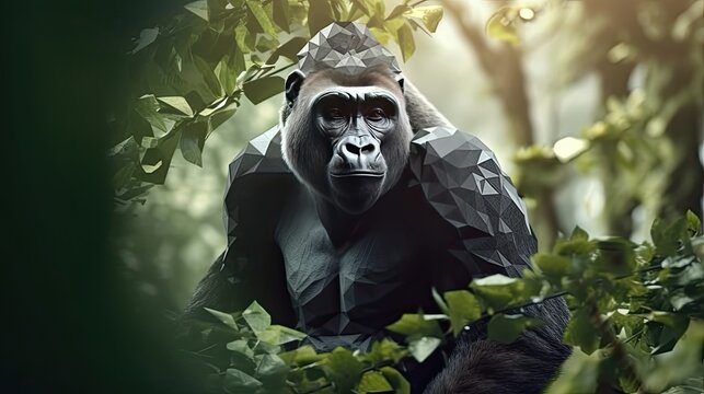 
Portrait of a Gorilla in a polygonal geometric shape, photo in a national geographic natural environment.