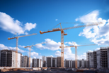 Fototapeta na wymiar A building real estate of a condominium, hotel, flat, or apartment under construction with industrial cranes on a clear sky background. Generative AI.