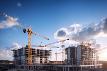 A building real estate of a condominium, hotel, flat, or apartment under construction with industrial cranes on a clear sky background. Generative AI.