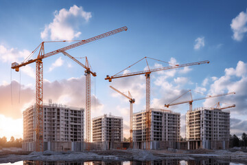 A building real estate of a condominium, hotel, flat, or apartment under construction with industrial cranes on a clear sky background. Generative AI.