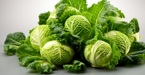 Heads of young cabbage with leaves close-up. Eco nutrition concept - AI generated image - obrazy, fototapety, plakaty