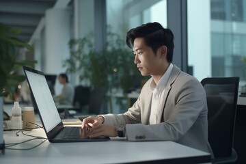 Professional man working late on laptop in modern office setting.