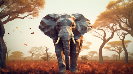 Portrait of a elephant in a polygonal geometric shape, photo in a national geographic natural environment.
