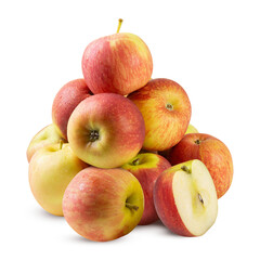 A pile of whole and half cut fresh apples isolated on white background