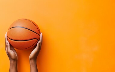 March madness poster hands holding basketball ball . Photorealistic orange basketball ball isolated on warm orange background. Modern minimalistic banner with copy space, flat lay. AI Generative.