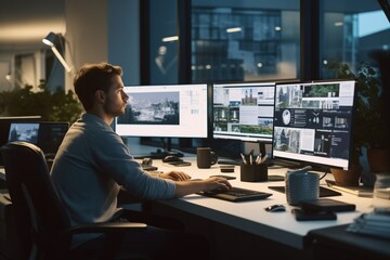 Professional man working late at a modern office with multiple computer screens, focused on his task.