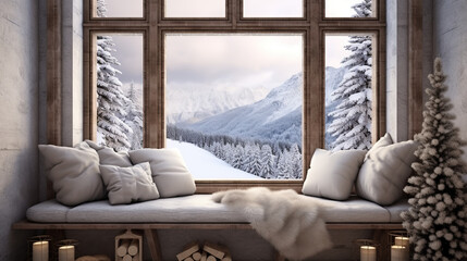 Cozy room with a picturesque view of the snowy mountains in winter. Window overlooking the Winter mountains Landscape
