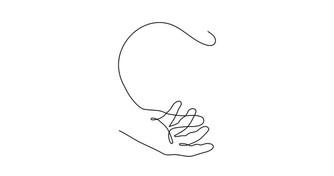 Hand with WI-FI signal one line art animation,hand drawn palm holds internet hotspot,access point continuous contour drawing motion.Free zone wireless online concept,template outline.4k self-drawing 