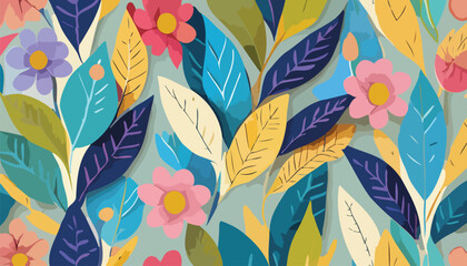 Abstract background with leaves and flowers, Matisse style. Vector seamless pattern with Scandinavian cut out elements. - obrazy, fototapety, plakaty