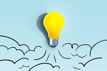 Creative yellow light bulb rocket with blast and clouds of smoke paint takes off. Creative idea,...