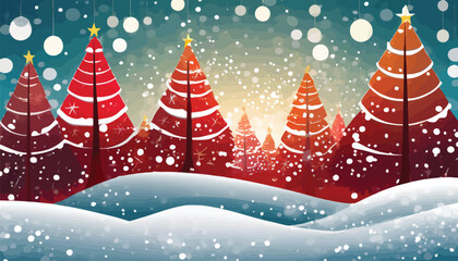 Christmas vector background - red and white trees on snow