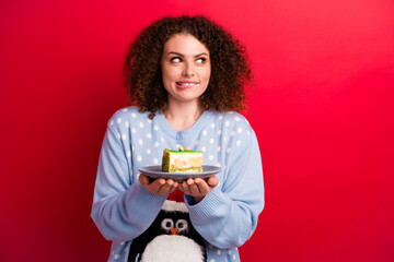 Photo of doubtful unsure lady wear ugly new year pullover want eat tasty dessert biting lip looking...