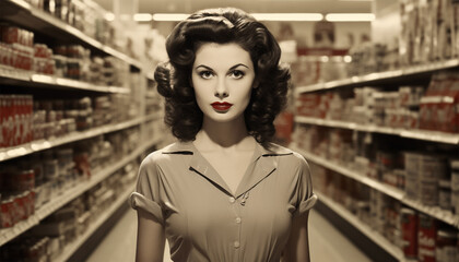 Woman in grocery store vintage design. Retro Girl with Groceries Healthy Food. Pop Art. Shopping in supermarket buying products concept