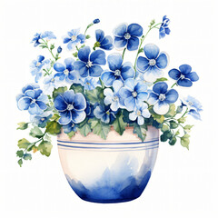 Watercolor Blue and White flower pot Clipart isolated on white background