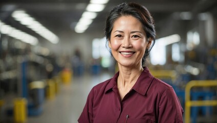 Confident middle-aged Asian woman in factory with a friendly smile