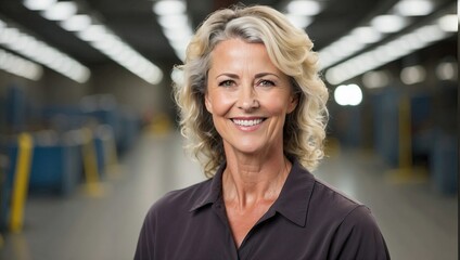 Mature blonde professional woman with a beaming smile in a factory setting portrays experience and diversity in the workforce