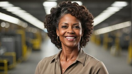 Radiant middle-aged Black woman in manufacturing exudes leadership and confidence