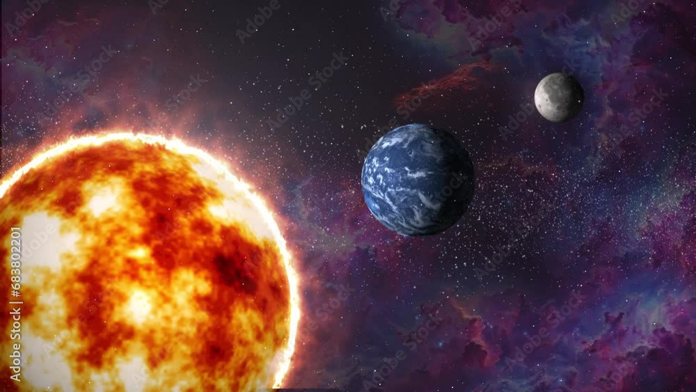 Poster sun earth and moon animation outer space video with glowing nebula and stars flying. planet earth ro
