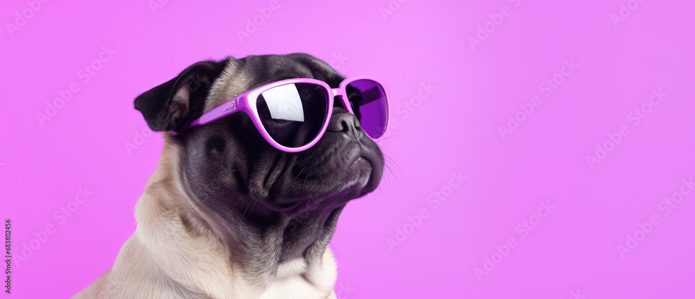 Wall mural cute pug with glasses on a purple background with copyspace