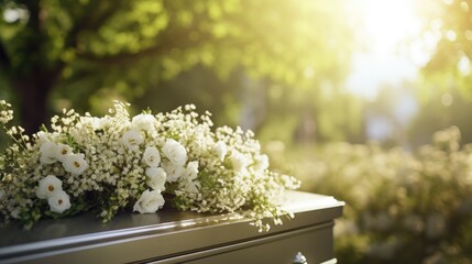 Close-up of a coffin in a cemetery before a funeral