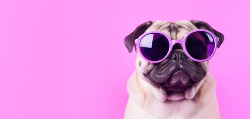 Cute pug with glasses on a purple background with copyspace - obrazy, fototapety, plakaty