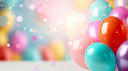 Fototapeta na wymiar Multi-colored balloons on a turquoise festive background with bokeh