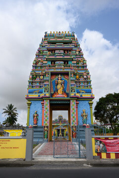 Mare d'Albert, Mauritius - October 18 2023: Shree Draupadee Ammen Kovil Hindu Temple Colorful Exterior