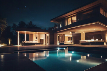 Obraz na płótnie Canvas Luxury house with swimming pool illuminated at night 