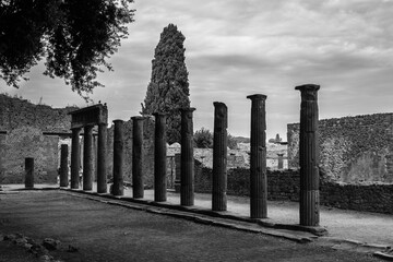 Ancient ruins of Pompei city (Scavi di Pompeii) Italy, black and white 
