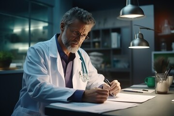 Mature male doctor works at his workplace with a laptop, enters a diagnosis into the database, coat fills out a patient form while working in a medical clinic - obrazy, fototapety, plakaty