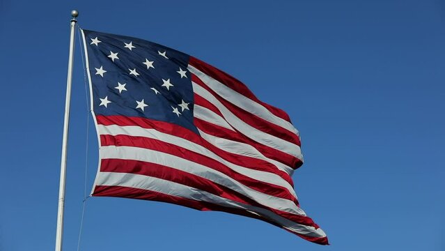 Waving USA Flag in Clear Blue Sky. USA American Flag. Waving United States of America Famous Flag. Sunny Day