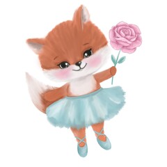 Cute fox ballerina with flower. Animal ballet. Watercolor style. Hand painted illustration isolated on white background.Greeting card, birthday, party, invitation, baby shower, newborn, nursery print  © Natalie