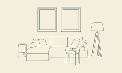 Living room interior with brown sofa, coffee table, floor lamp and plants. Vector flat style illustration