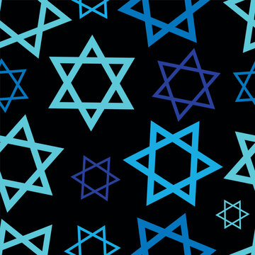 Israel Magen David star seamless pattern for print, web, design decoration, card, background. Stars of David on a black background vector illustration repeating pattern