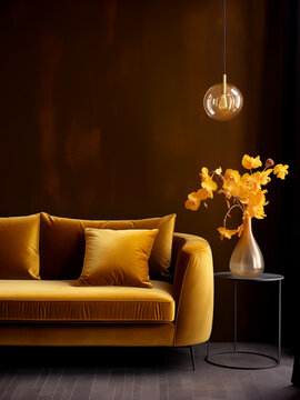 Dark room with yellow velvet couch in front of a vase and lamp, in the style of light amber and gold, subtle, earthy tones, subtle tonal range, dark orange and gold, monochrome, flattering lighting.