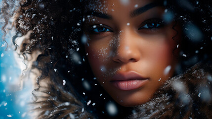 Portrait of a young woman with snowflakes on her face, winter, snowfall. Beautiful girl with an expressive look and face. A girl with dark skin in winter