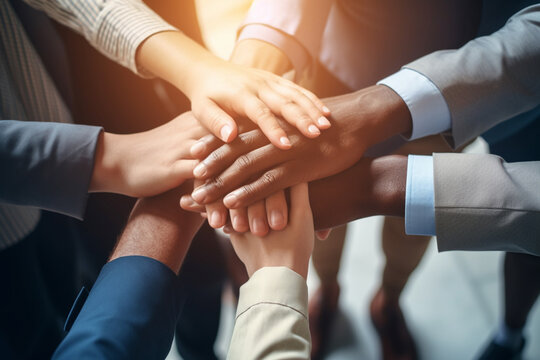 A close up top view shot of multinational business people joining hands together, teamwork build up concept. Generative AI.