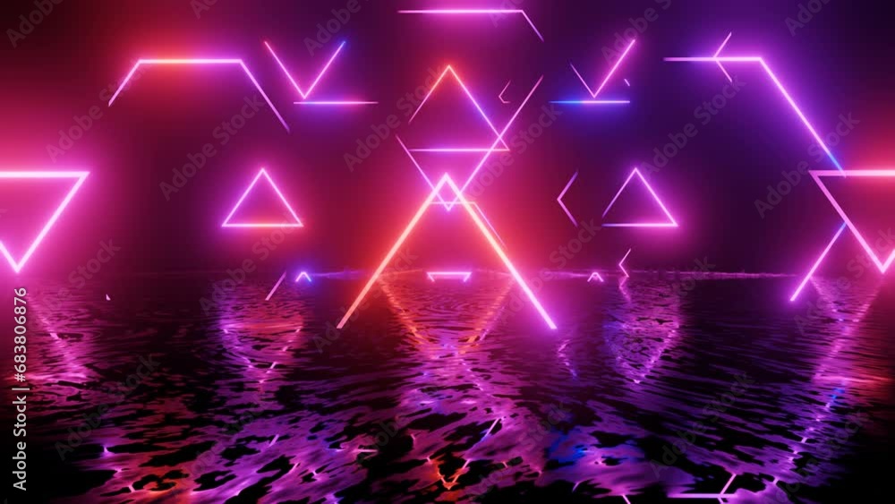 Poster neon design blue purple pattern with lines. 4k video with various neon elements and a reflecting flo
