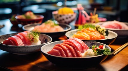 Sushi and Sashimi in an Array of Artfully Arranged Bowls, Culinary Delight - obrazy, fototapety, plakaty