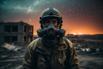 A man wearing a gas mask and a military uniform against the background of destroyed buildings in the city of Northern lights at night. Post-apocalypse world. - obrazy, fototapety, plakaty