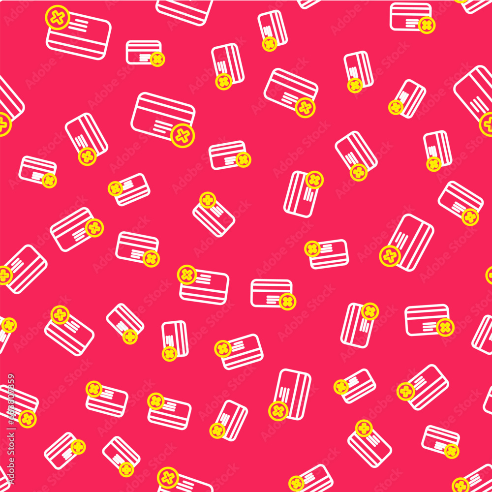 Poster line credit card remove icon isolated seamless pattern on red background. online payment. cash withd