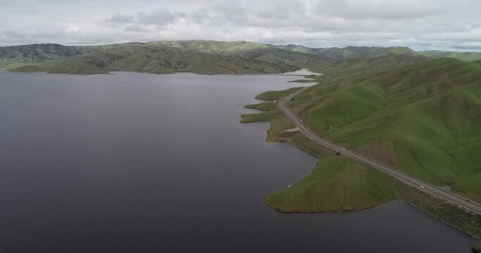 Lake of San Luis Reservoir in Background near Los Banos and Upper Cottonwood Creek Wildlife Area. California. USA.. Drone