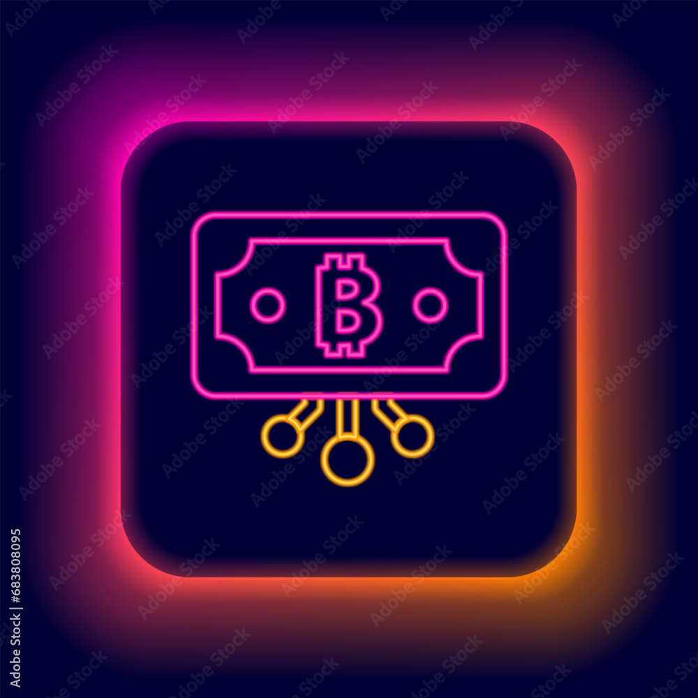 Poster glowing neon line cryptocurrency bitcoin in circle with microchip circuit icon isolated on black bac