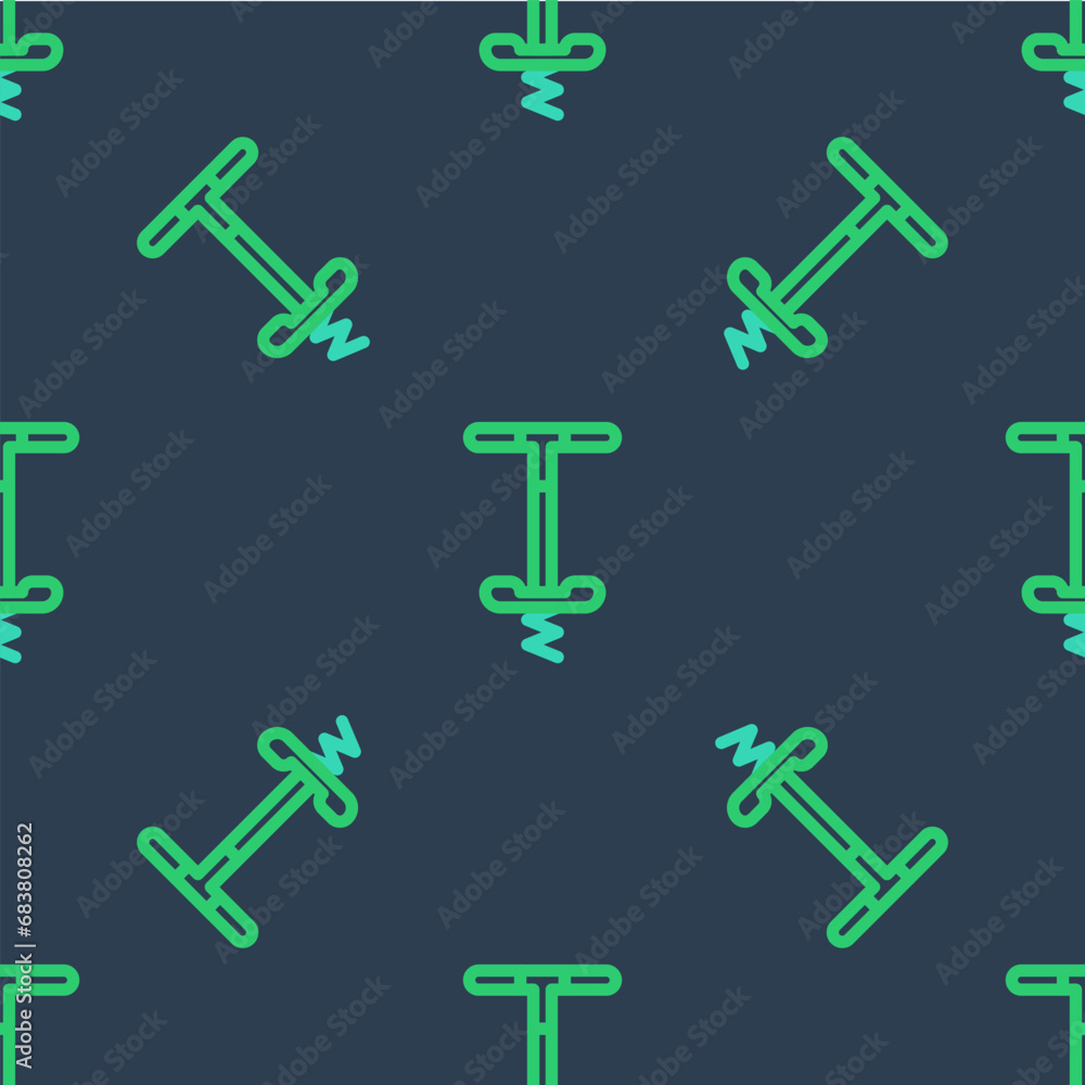 Poster line pogo stick jumping toy icon isolated seamless pattern on blue background. vector