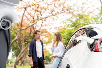 Lovely young couple recharging battery for electric car during autumnal road trip travel EV car in autumnal forest. Eco friendly travel on vacation during autumn. Exalt