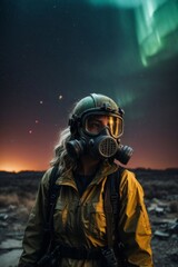 A woman wearing a gas mask and a military uniform against the background of destroyed buildings in the city of Northern lights at night. Post-apocalypse world.